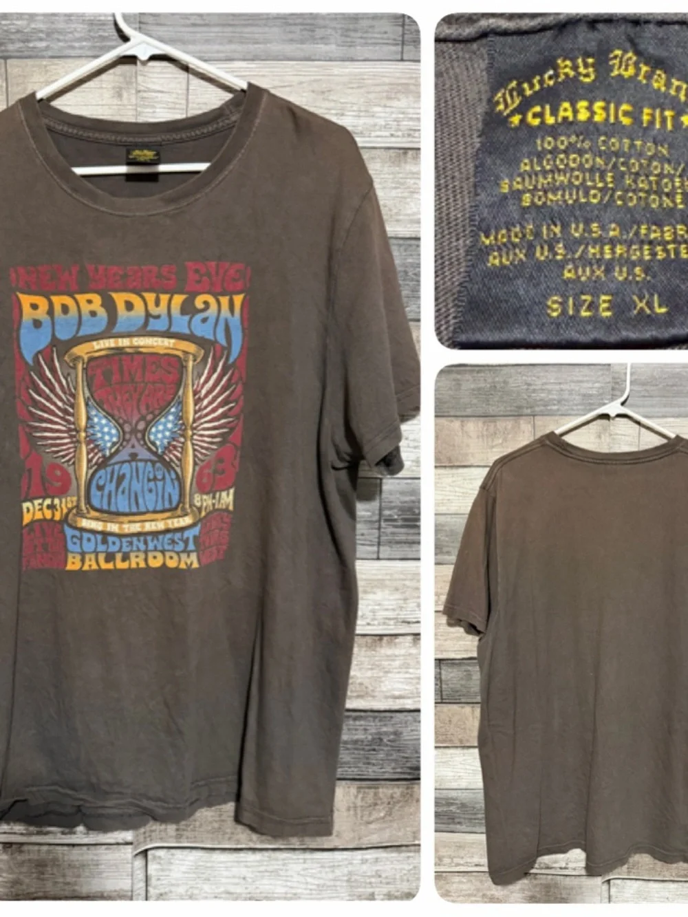 Vtg Lucky Brand Bob Dylan T Shirt Men’s XL Brown New Years Goldenwest Ballroom